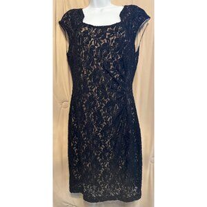 Tahari Black/Gold Metallic Stretch Glitter Lace Dress Size 10